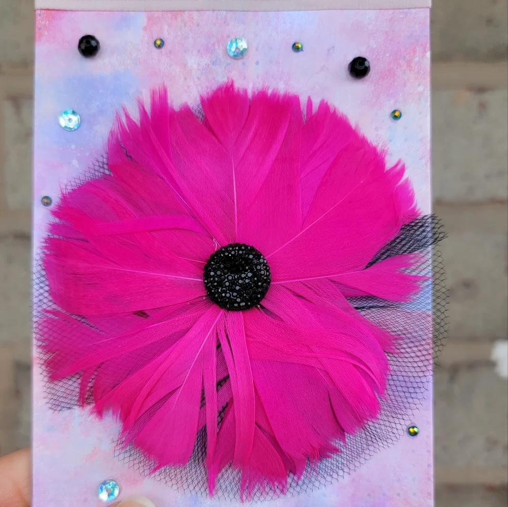 Hot Pink Feather Flower Wall Art 6x4 Handmade Glam Office Decor Rhinestone Art